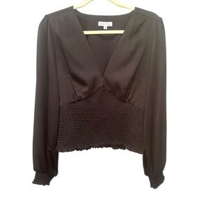 Gianni Bini Black Smocked Ruffled Deep V Neck Blouse Sz Medium Office Party